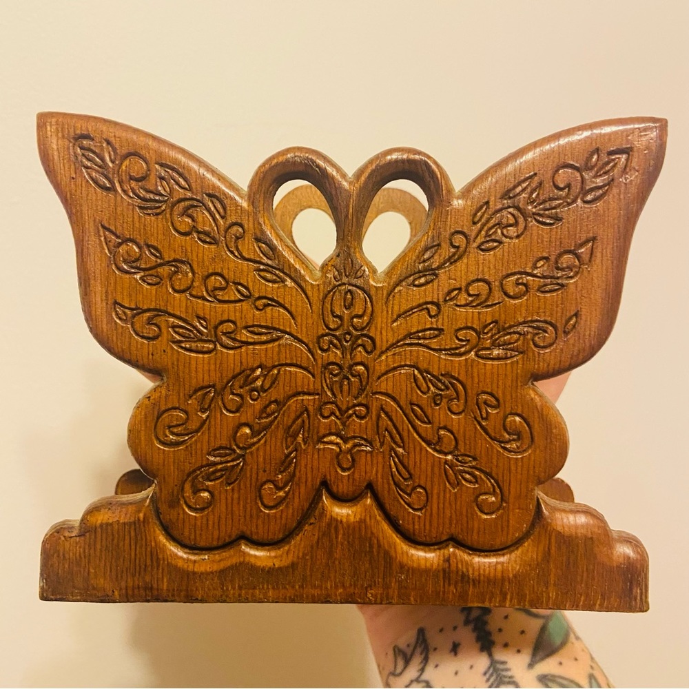 Vintage Carved Wood Butterfly Napkin Holder